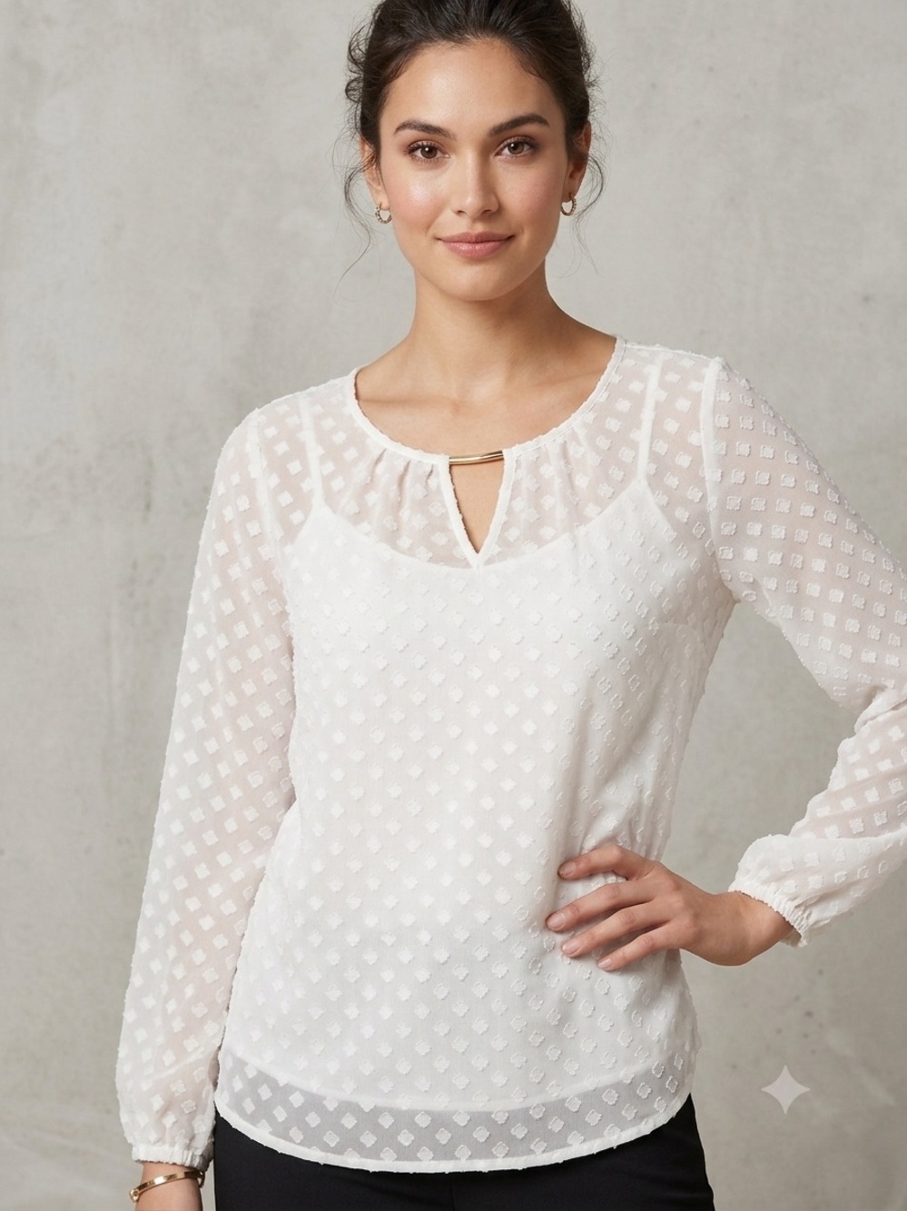 Liz Claiborne Ivory Swiss Dot Keyhole Blouse with Gold Accent